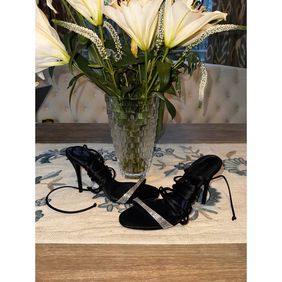 Magda Butrym Black Satin Crystal Embellished Lace Up Stiletto  Heels 39 NWOB - Picture 5 of 13